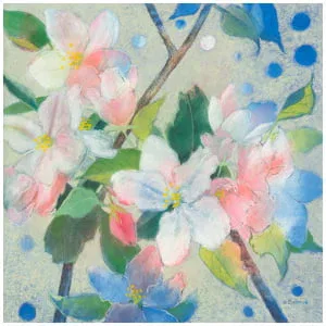 een schilderij van bloemen op een blauwe achtergrond