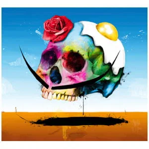 een schilderij van een schedel met bloemen erop