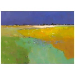 een abstract schilderij met gele en groene kleuren