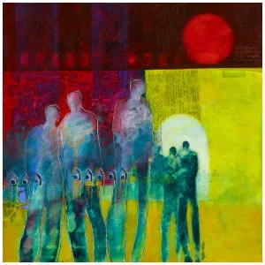 een abstract schilderij van mensen die voor een rode zon staan