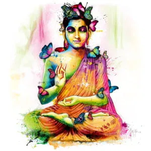 een schilderij van een Boeddha met vlinders op haar hoofd