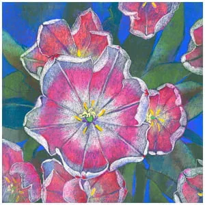 een schilderij van roze bloemen met groene bladeren