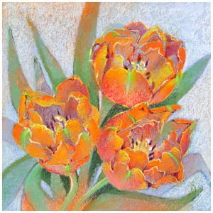 een schilderij van drie oranje bloemen in een vaas