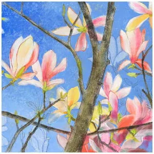 een schilderij van roze en gele bloemen aan een boom