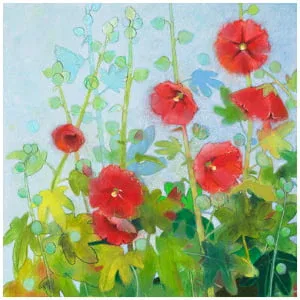 een schilderij van rode bloemen en groene bladeren