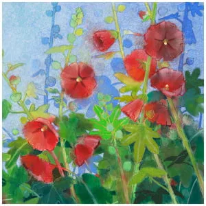 een schilderij van rode bloemen met groene bladeren