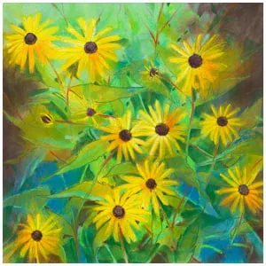 een schilderij van gele bloemen in een vaas