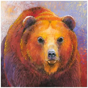 een tekening van een bruine beer met blauwe ogen