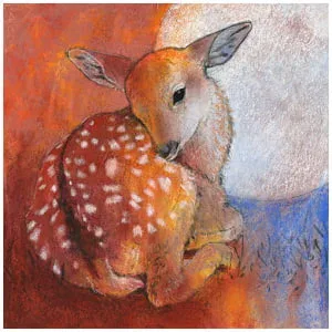 een tekening van een babyhert dat op de grond zit