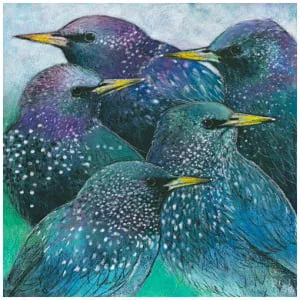 een schilderij van vijf vogels die op elkaar zitten