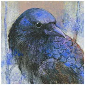 een tekening van een blauwe vogel zittend op een tafel