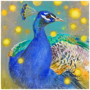 een tekening van een blauwe vogel met gele stippen