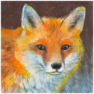 een tekening van een rode vos met blauwe ogen