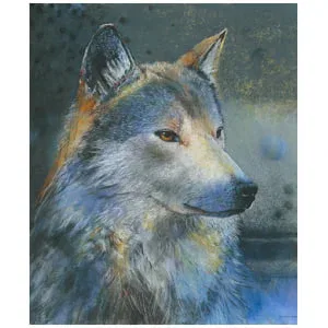 een schilderij van een wolf met blauwe ogen