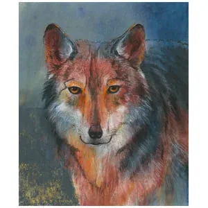 een schilderij van een wolf die naar de camera kijkt