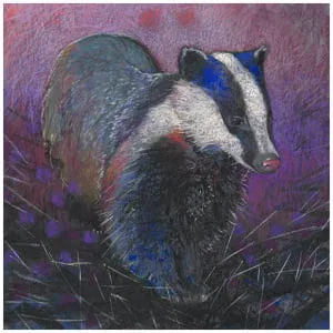 een schilderij van een das die in het gras staat