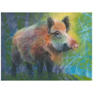 een schilderij van een varken in het bos