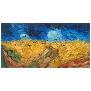 een schilderij van een korenveld waar kraaien overheen vliegen