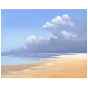 een olieverfschilderij van een strand met wolken aan de hemel