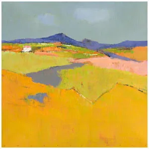 een schilderij van een landschap met bergen op de achtergrond