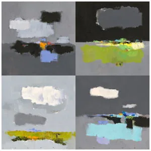 vier verschillende gekleurde schilderijen met zwart, grijs en geel