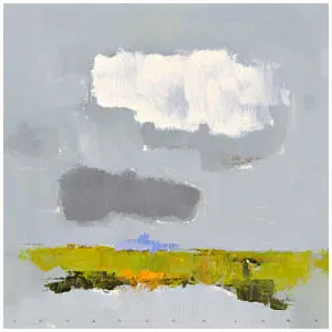 een abstract schilderij met grijze, gele en blauwe kleuren