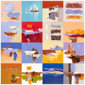 een abstract schilderij van verschillende kleuren en vormen