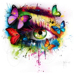 een oog met kleurrijke vlinders eromheen