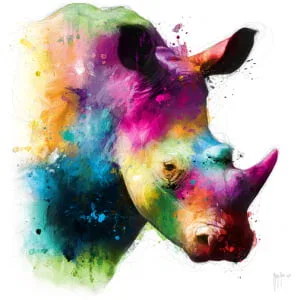 op dit aquarelschilderij wordt een kleurrijke neushoorn getoond