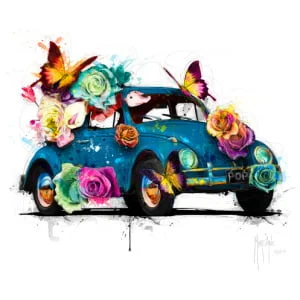 een blauwe auto met bloemen en vlinders erop