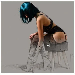 een tekening van een vrouw zittend op een kruk