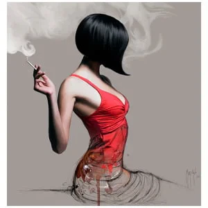 een vrouw in een rode jurk die een sigaret vasthoudt