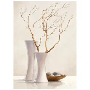 een schilderij van twee vazen ​​met takken erin