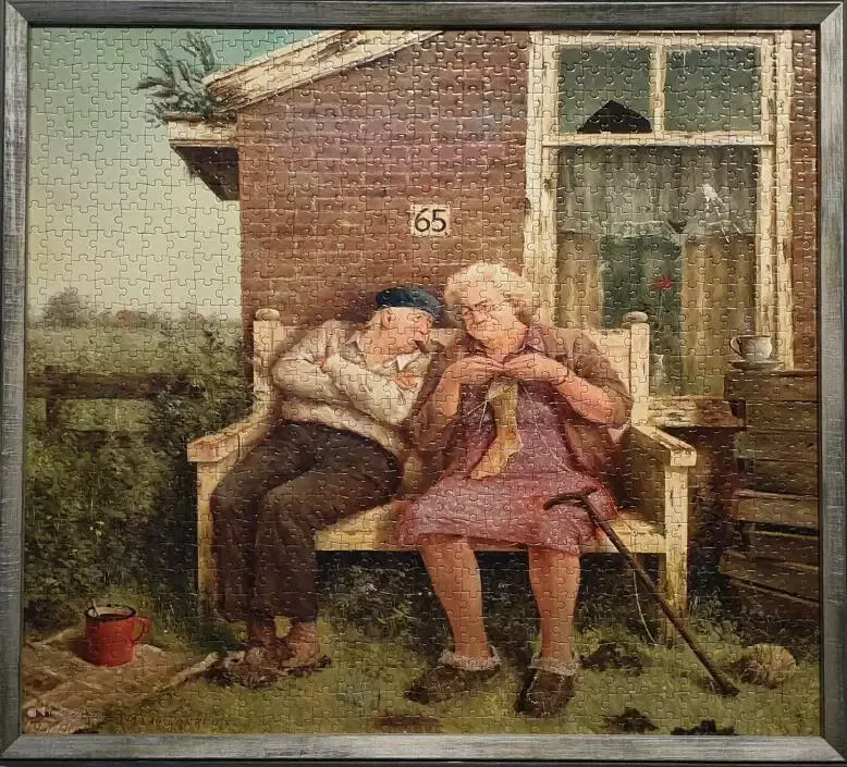 een schilderij van een ouder echtpaar zittend op een bankje