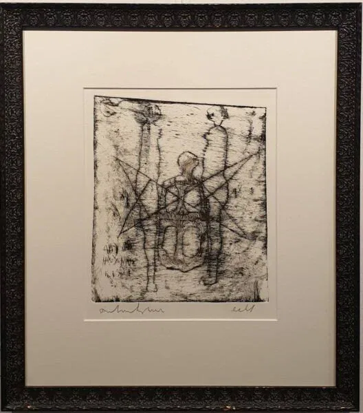 een zwart-wit tekening van een man in een pak