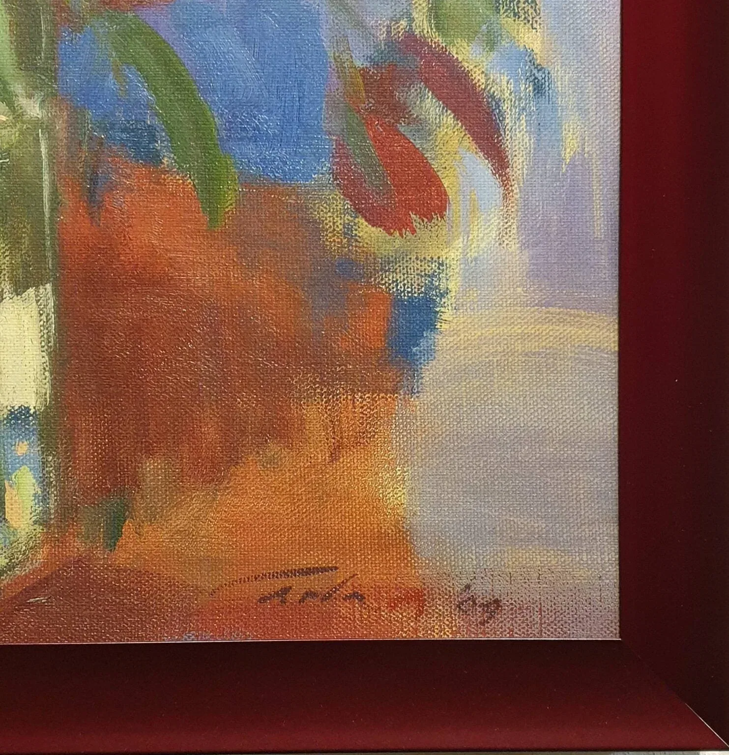 een abstract schilderij met rode en blauwe kleuren