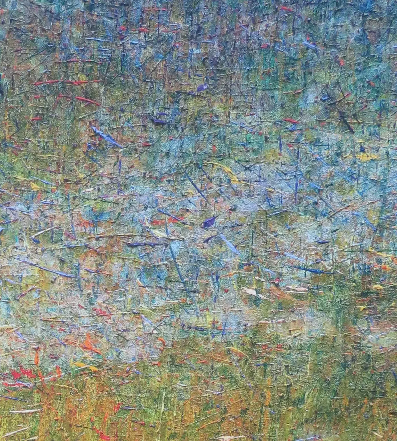 een abstract schilderij met veel kleuren en lijnen