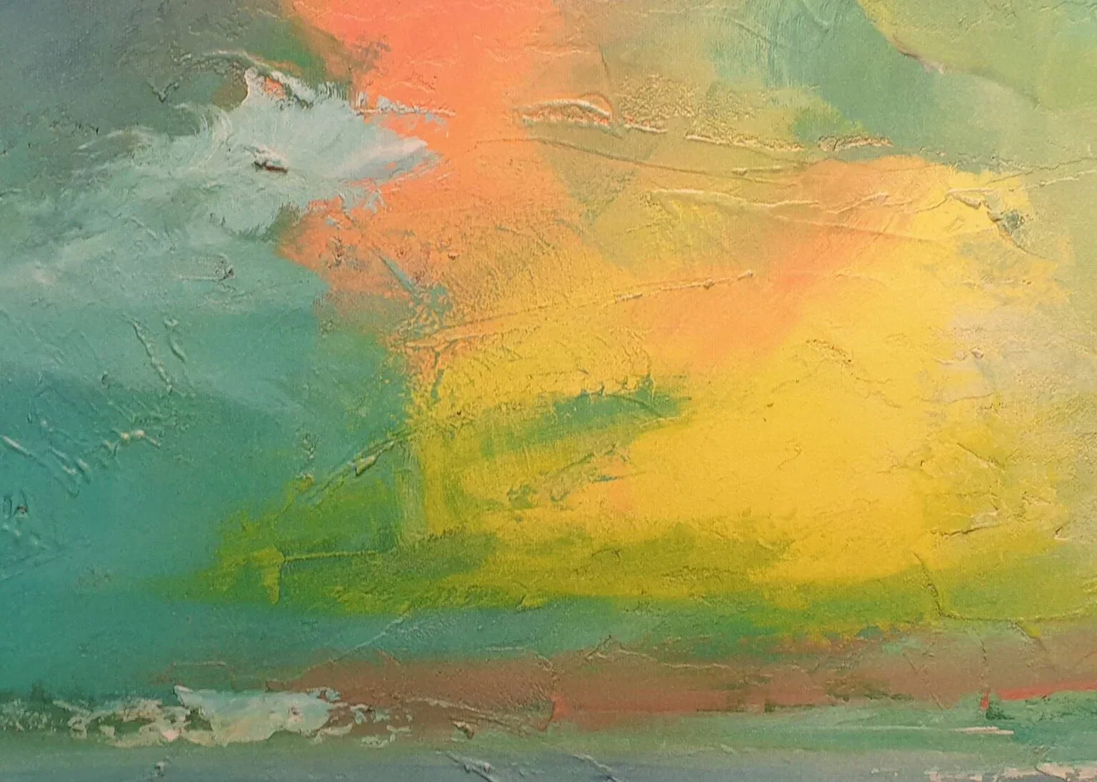 een abstract schilderij met groene, gele en rode kleuren