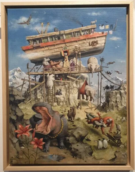 een schilderij van een boot met dieren en mensen erop