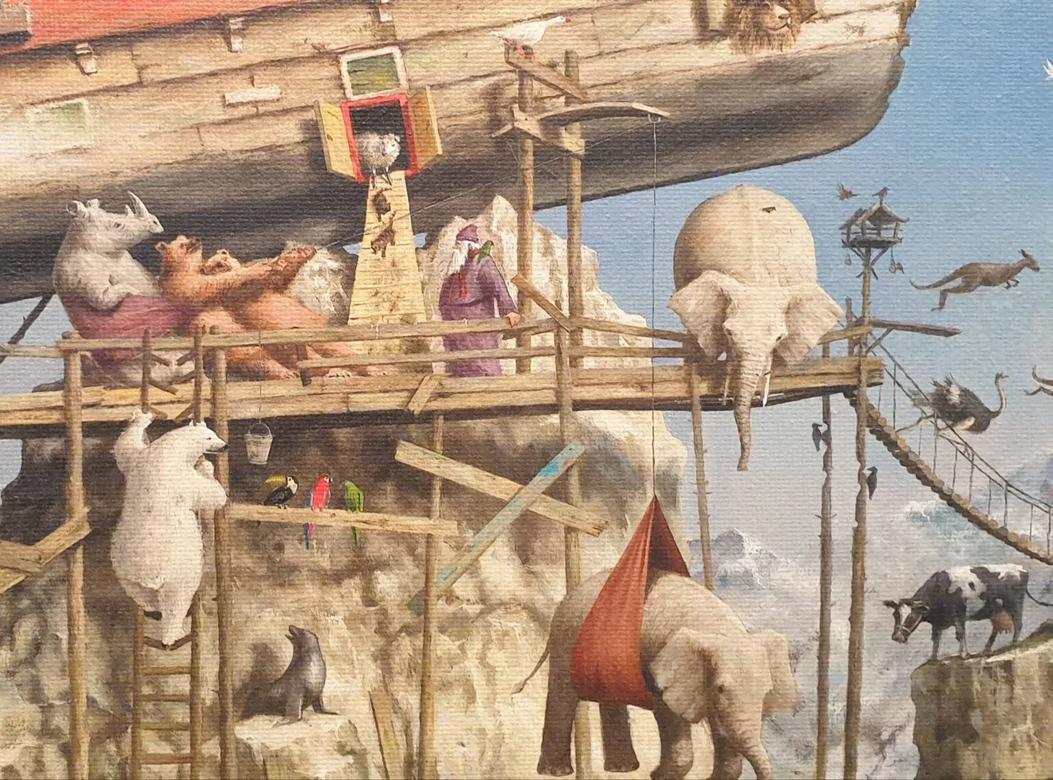een schilderij van dieren en mensen op een brug