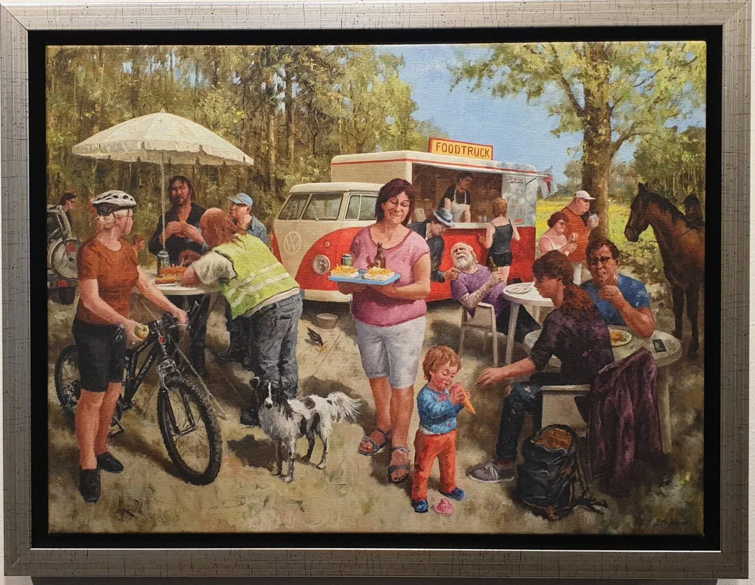 een schilderij van een familiebijeenkomst voor een foodtruck
