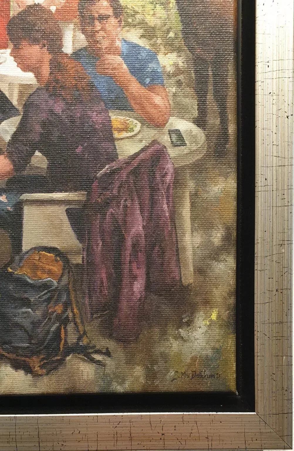 een schilderij van mensen die aan een picknicktafel zitten