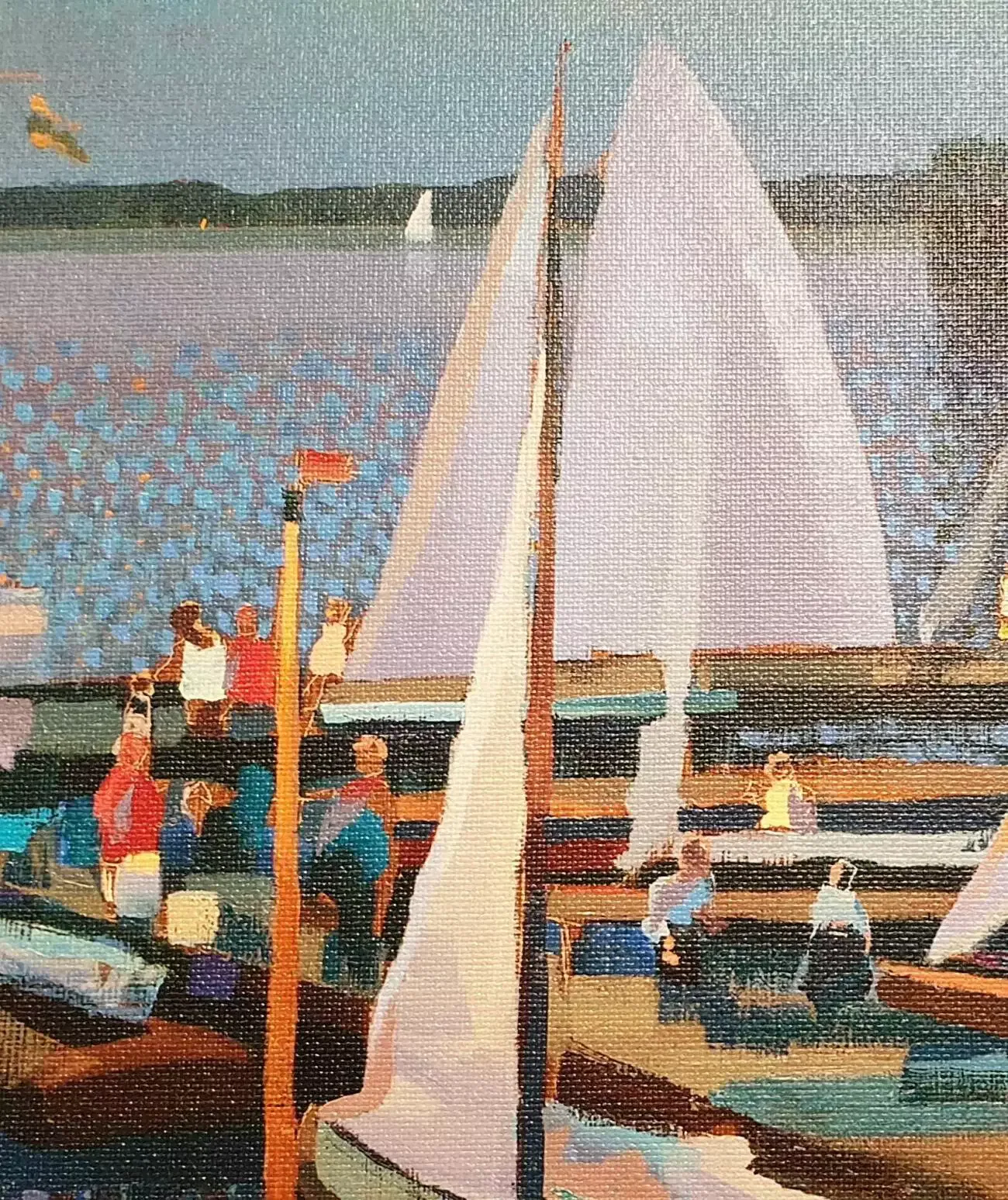 een schilderij van boten die aan een pier zijn aangemeerd