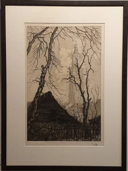 een tekening van een klokkentoren in de verte