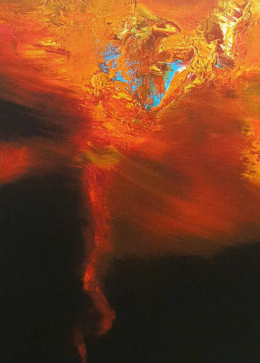 een abstract schilderij met oranje en blauwe kleuren