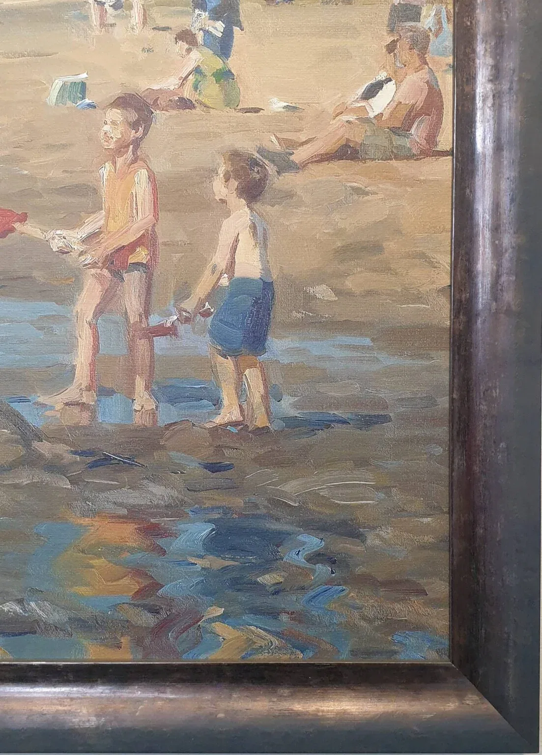 een schilderij van twee kinderen die in het water spelen