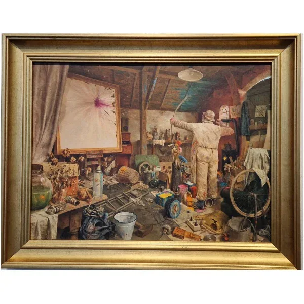 een schilderij van een man aan het werk in een werkplaats