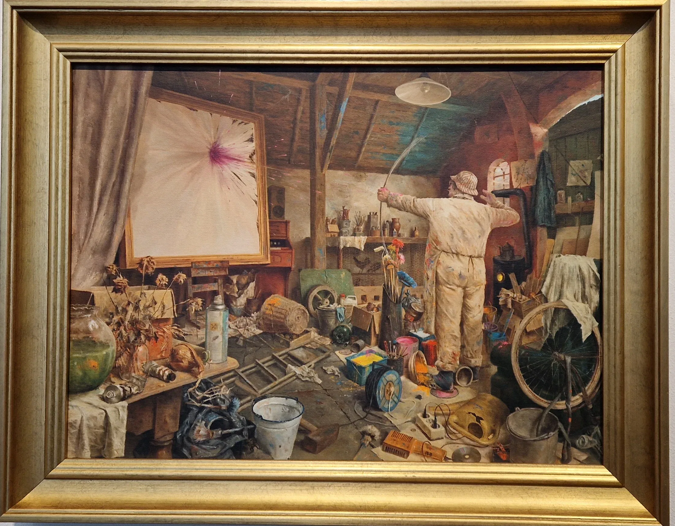 een schilderij van een man aan het werk in een werkplaats