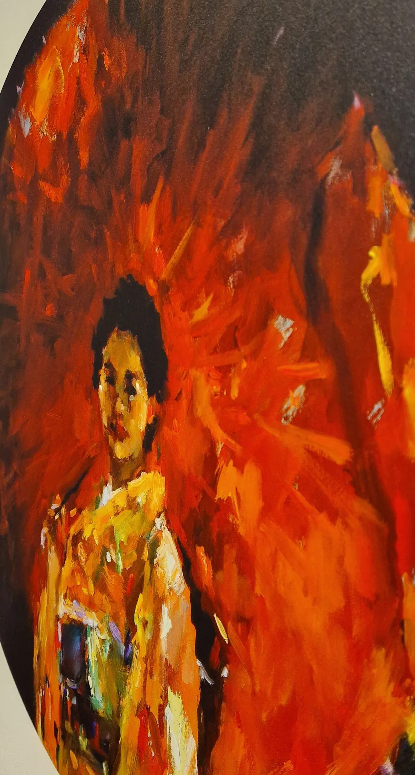 een schilderij van een vrouw met een oranje achtergrond