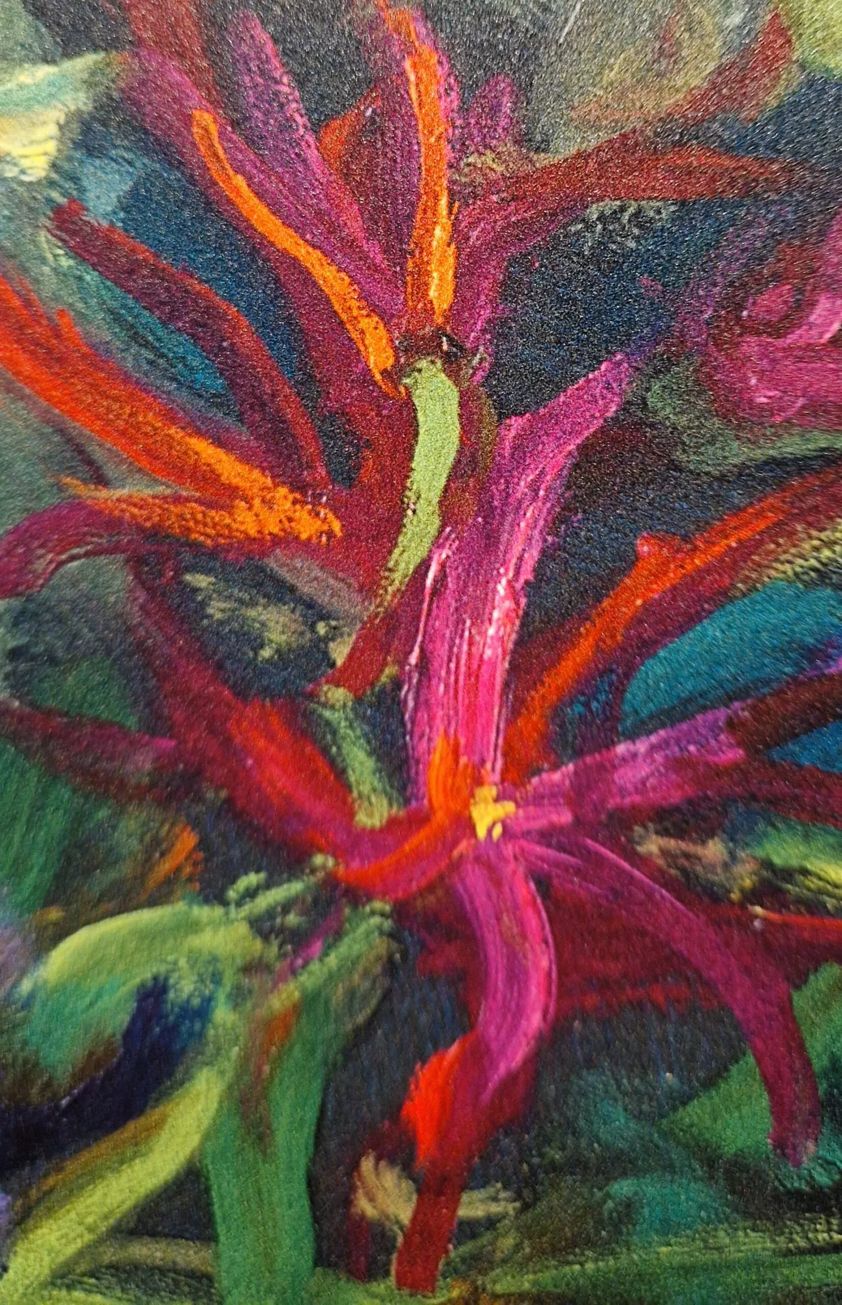 een schilderij van een bloem met veel kleuren